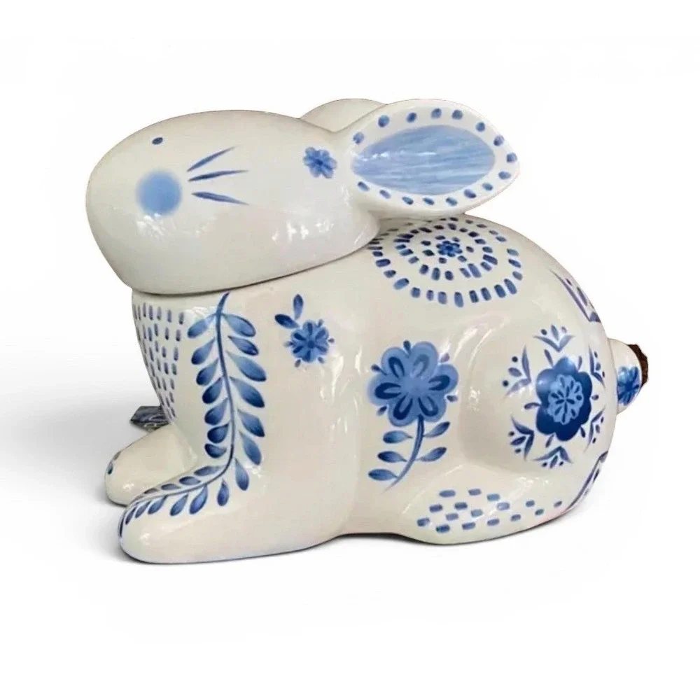 Pier 1 Blue And White Ceramic Hand-Painted Rabbit Cookie Jar Delft-Style